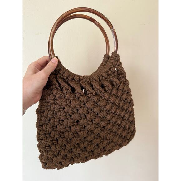 Macrame Purse Brown Handmade Handbag Lined Vtg 70's Circular Teak Handles - Picture 2 of 4
